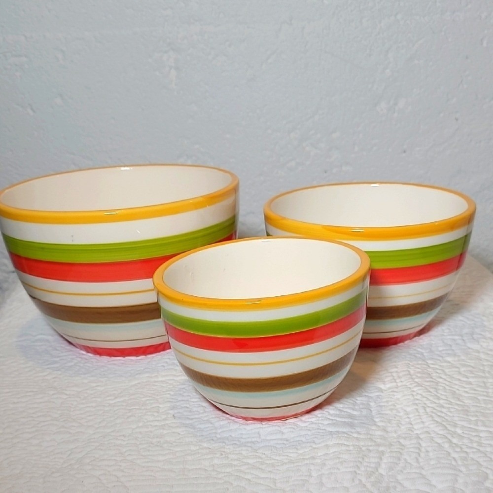 Set Of 3 Handpainted Colorful Striped Ceramic Neating Bowls